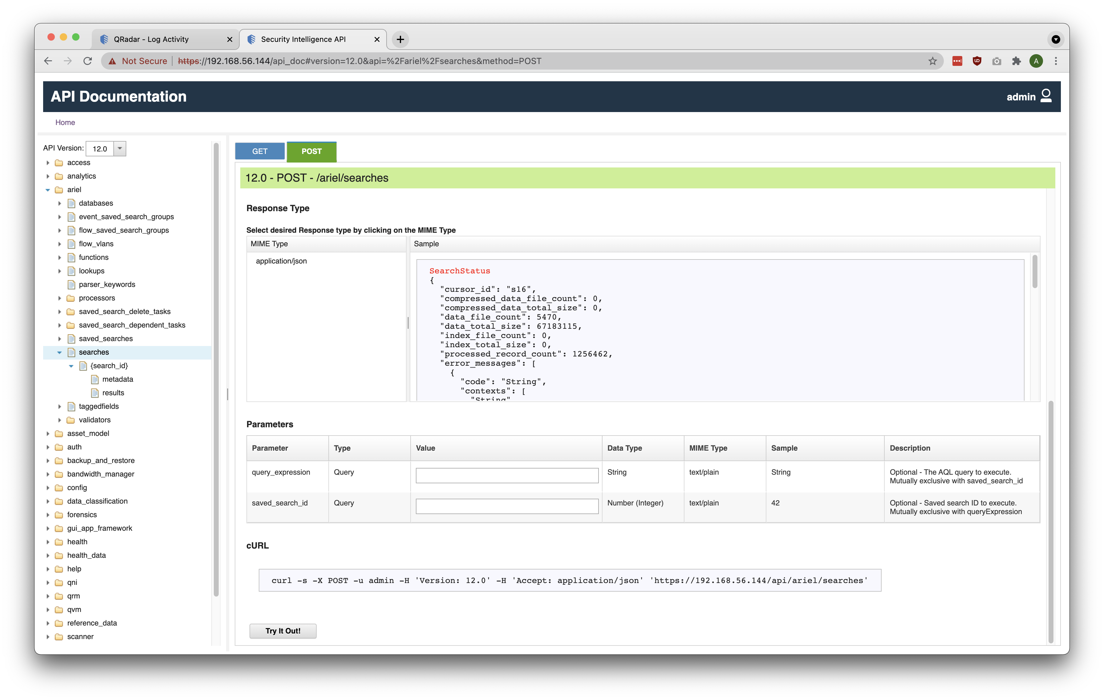 QRadar Ariel Search REST API POST Page