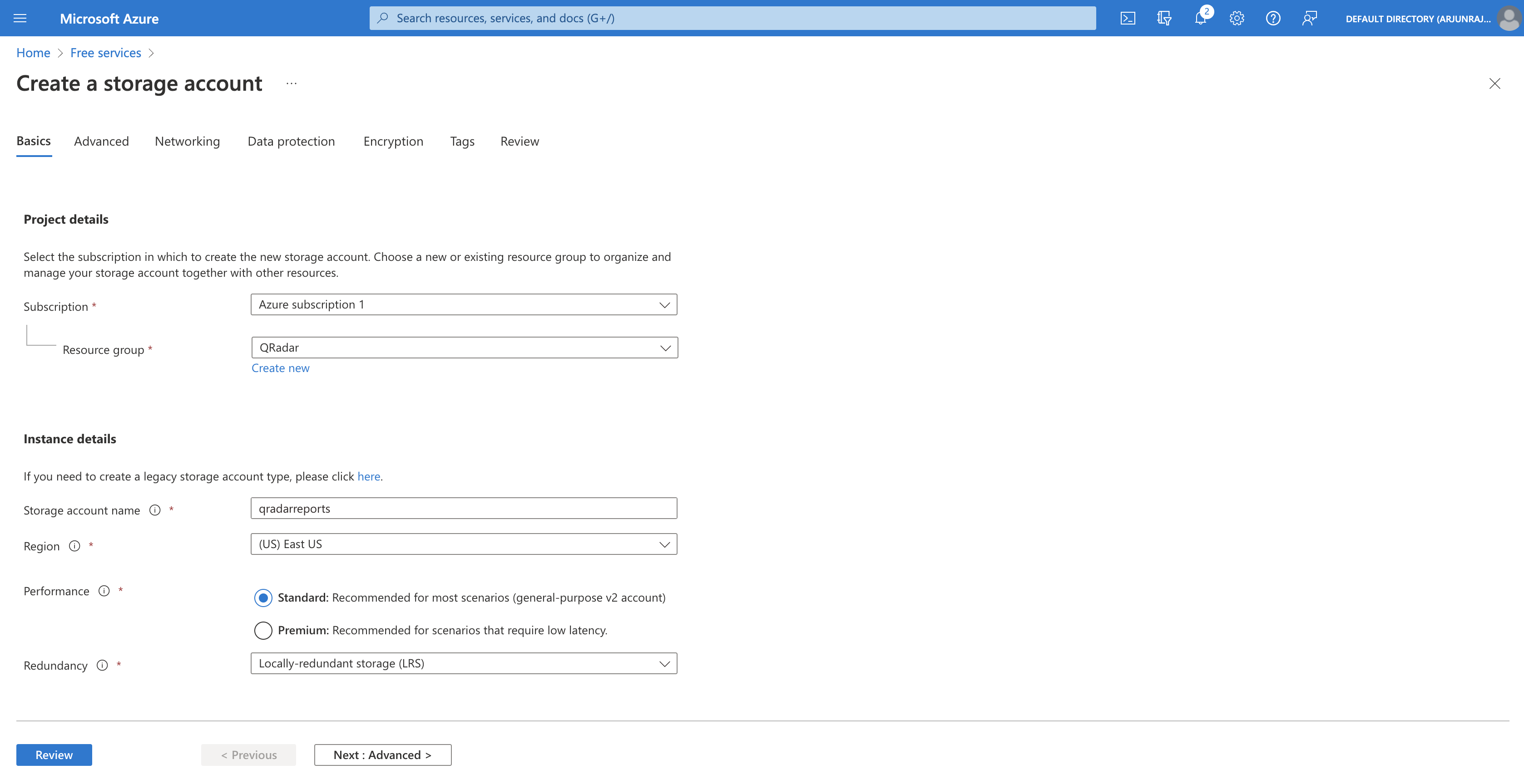 Create new storage account on Azure Portal