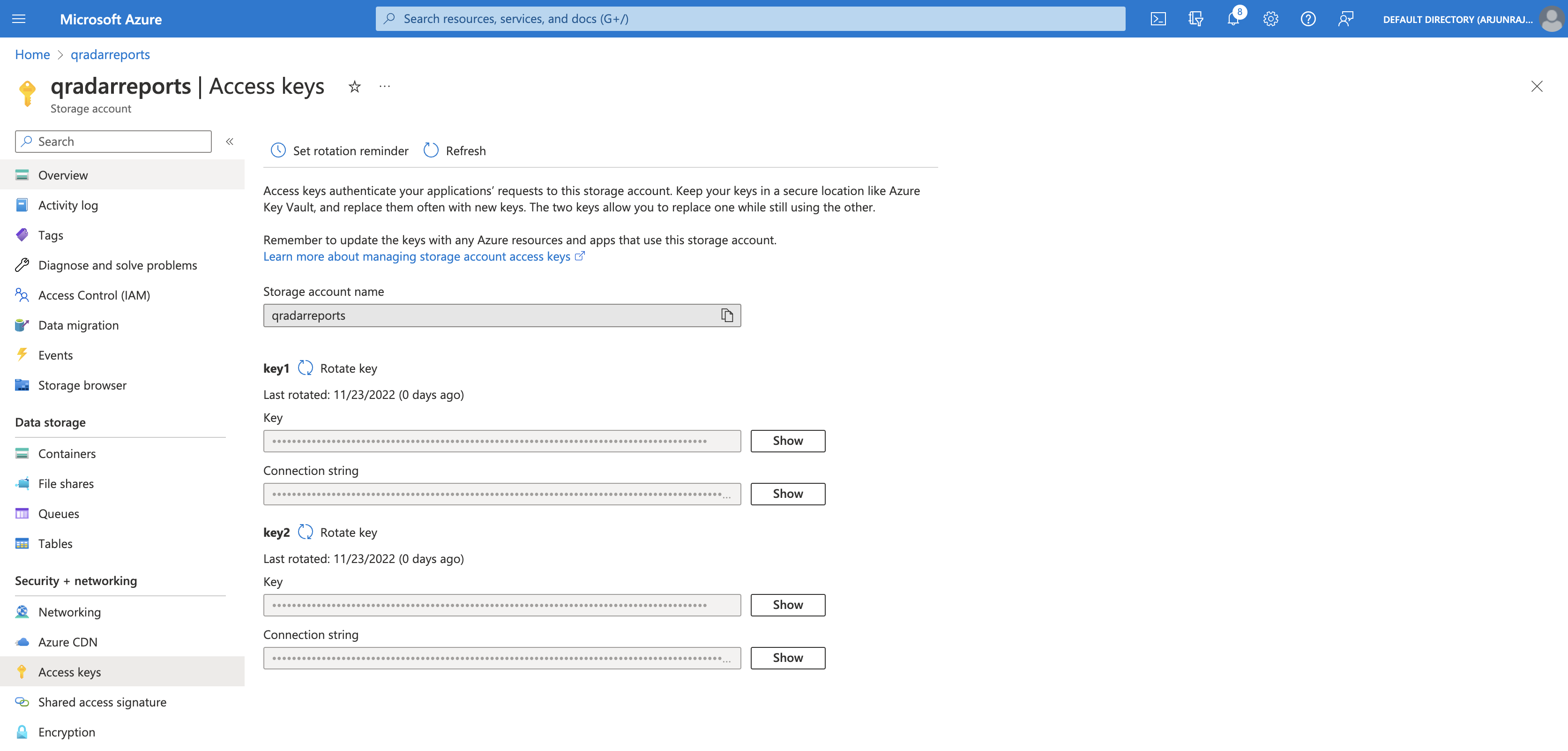 Storage account access key on Azure Portal