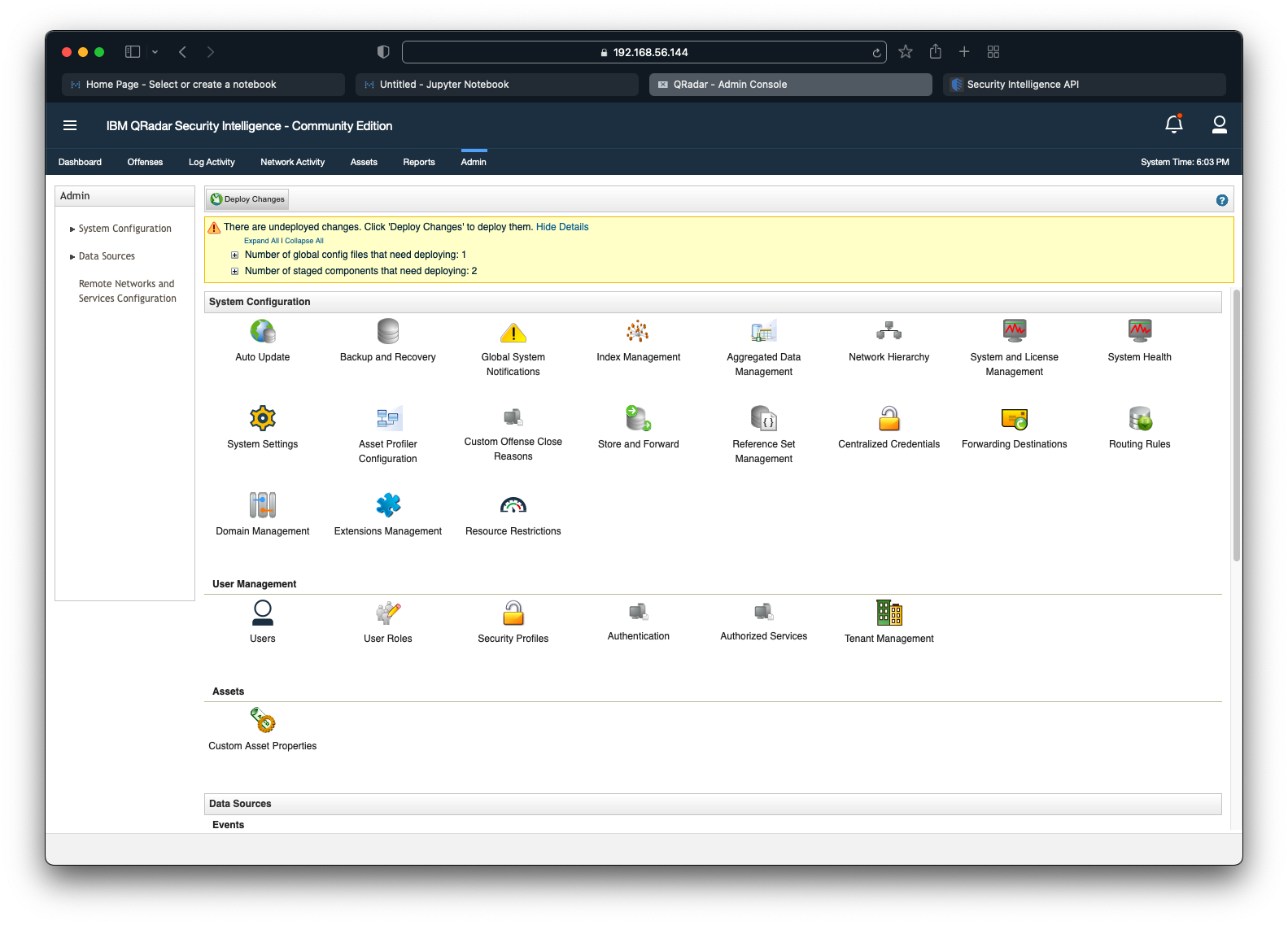 QRadar Admin tab with alert of undeployed changes